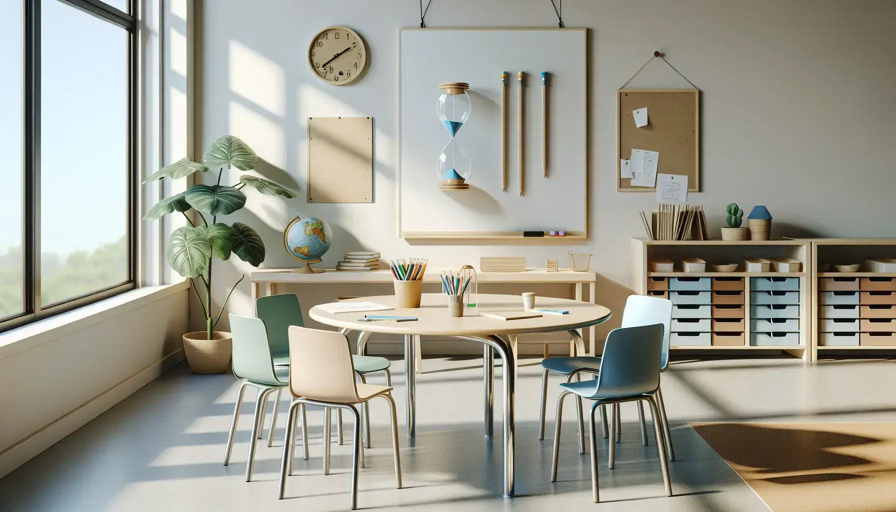 Aula luminosa con mesa redonda de madera, sillas plásticas azules y verdes, papeles, lápices de colores, regla y reloj de arena, pizarra blanca y planta interior al lado de una ventana grande.