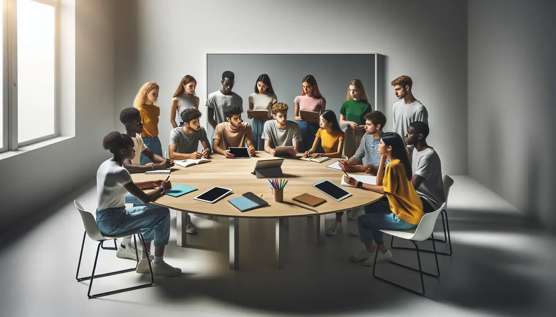 Grupo diverso de jóvenes adultos colaborando alrededor de una mesa redonda con dispositivos electrónicos y material de oficina en una sala iluminada.