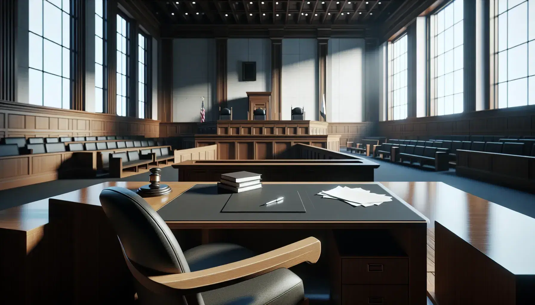 Aula di tribunale vuota con banco testimoni in legno scuro, scrivania del giudice rialzata, sedie vuote e finestre luminose.