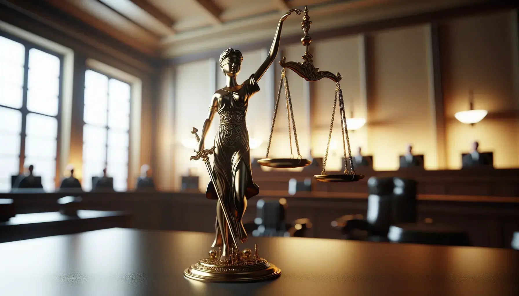 Bilancia della giustizia dorata in equilibrio con figura femminile bendata e spada, in aula vuota con sedie di legno e luce naturale.