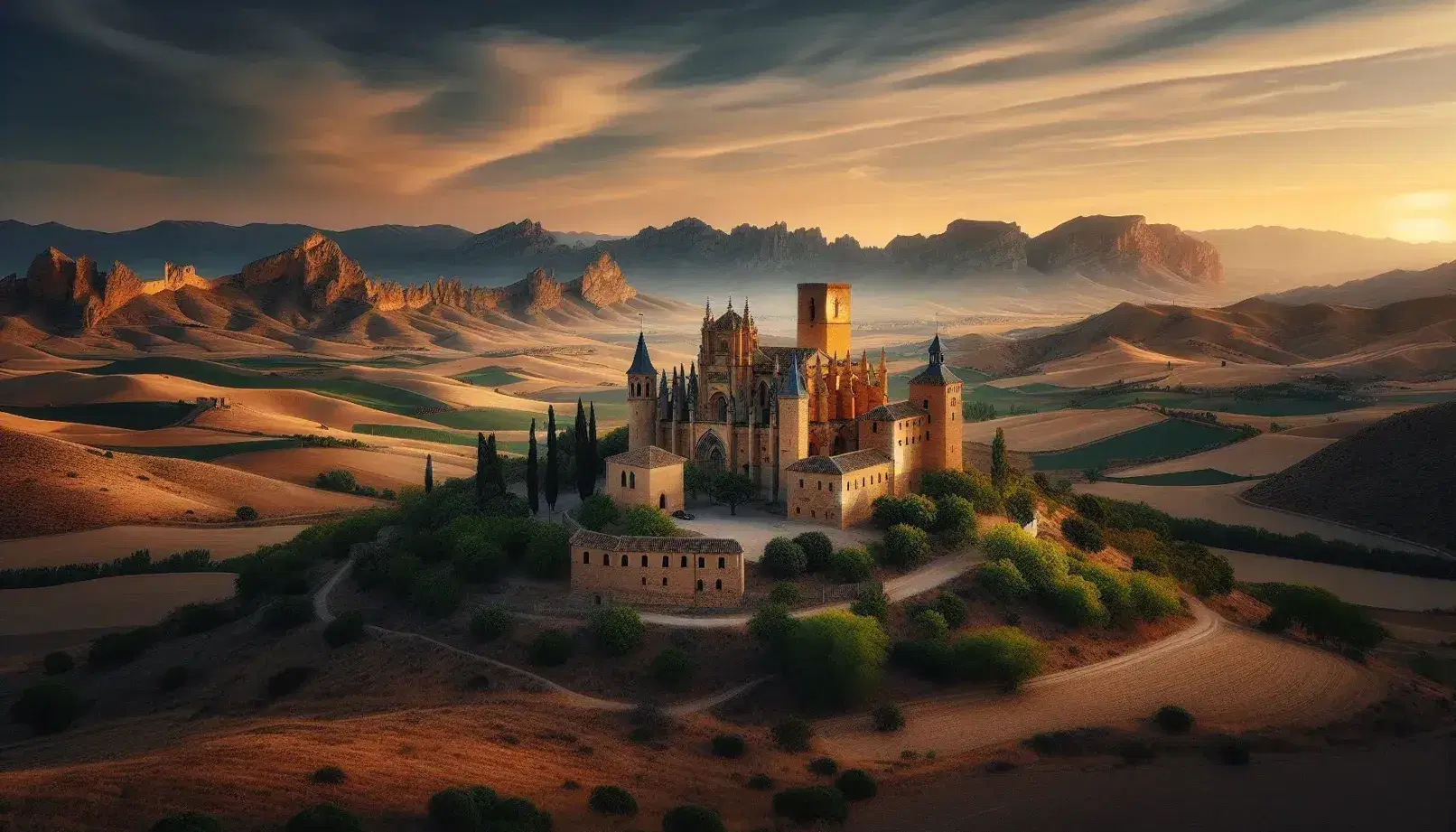 Panorama spagnolo con castello storico, montagne al tramonto e figure in abiti tradizionali su terreno arido.