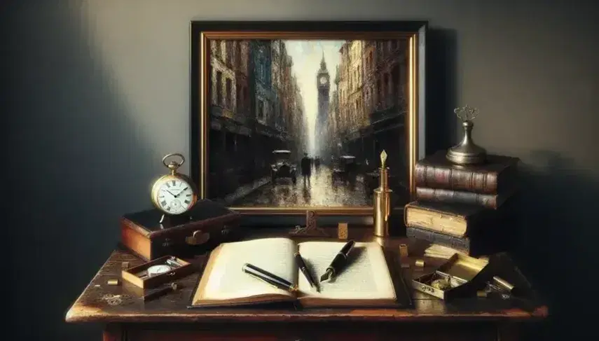 Scrivania in legno scuro con libro aperto, penna stilografica nera, orologio da tasca argento e quadro impressionista sullo sfondo.