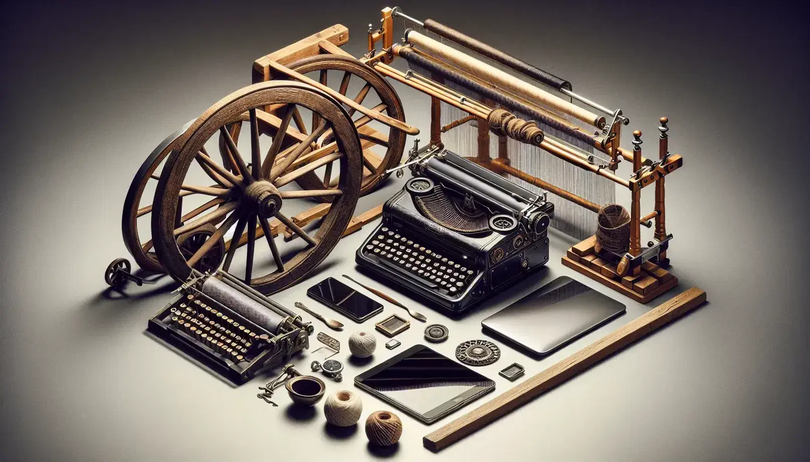 Rueda de madera antigua, telar con hilos naturales, máquina de escribir vintage y tecnología moderna con laptop y smartphone en composición equilibrada.