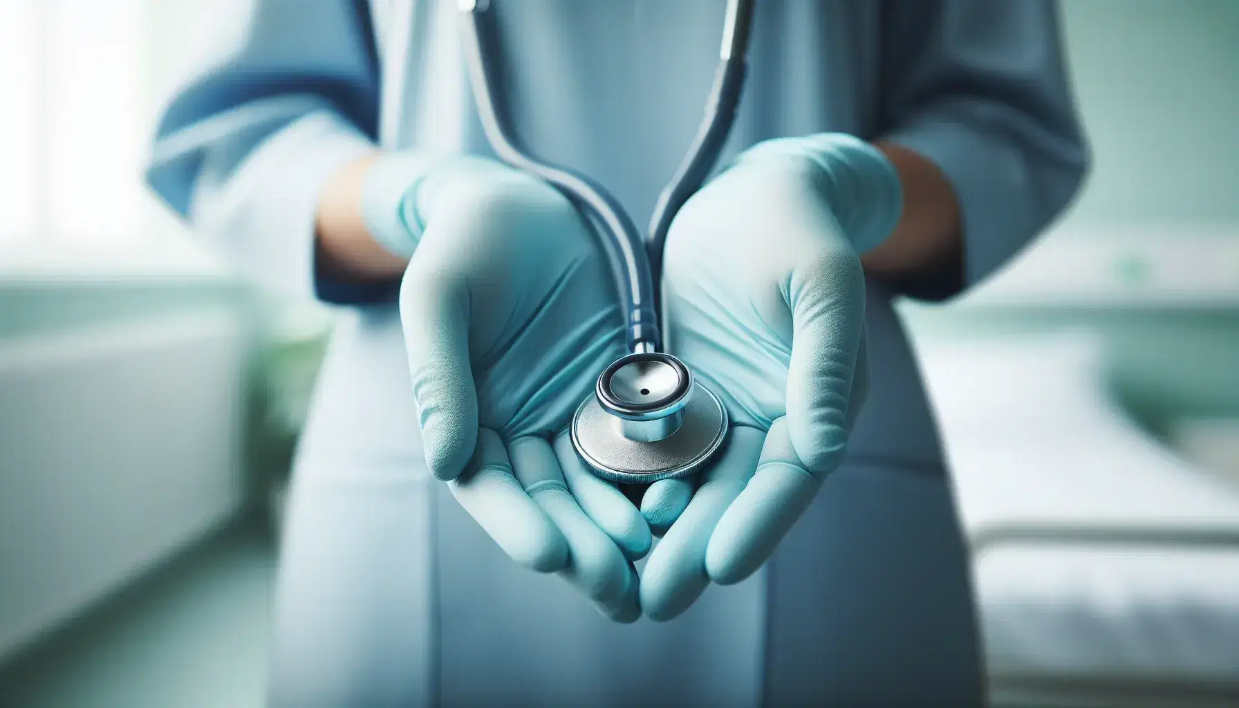 Manos con guantes azules claros de profesional de enfermería sosteniendo un estetoscopio con fondo desenfocado en tonos verdes y blancos.