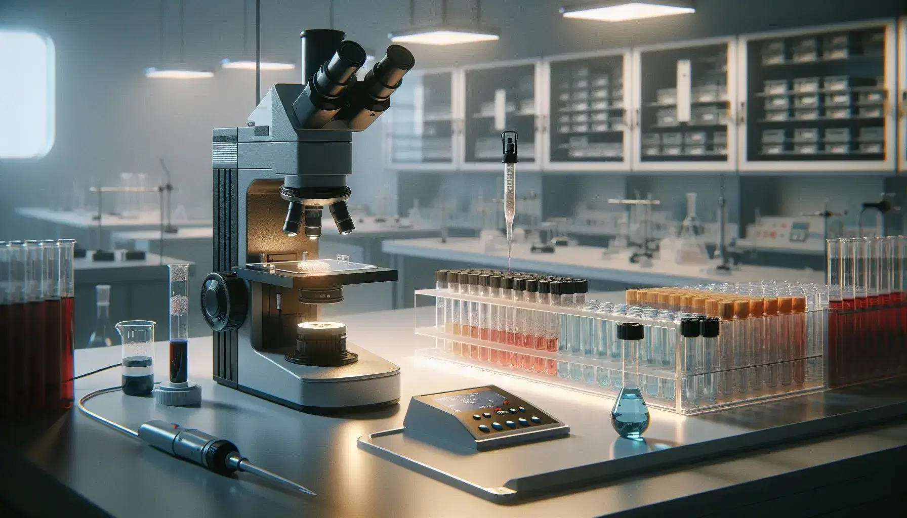 Microscopio elettronico su tavolo con provetta e pipetta automatica in laboratorio scientifico, tubi con liquidi colorati sul lato.