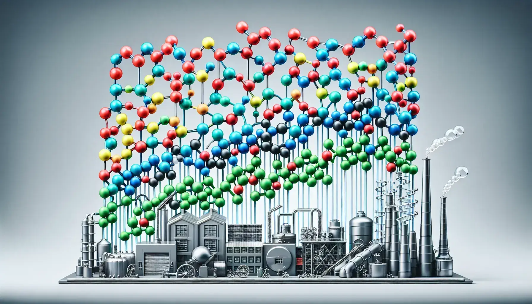 Perline colorate connesse da aste trasparenti rappresentano monomeri e polimeri davanti a una fabbrica stilizzata con macchinari industriali.