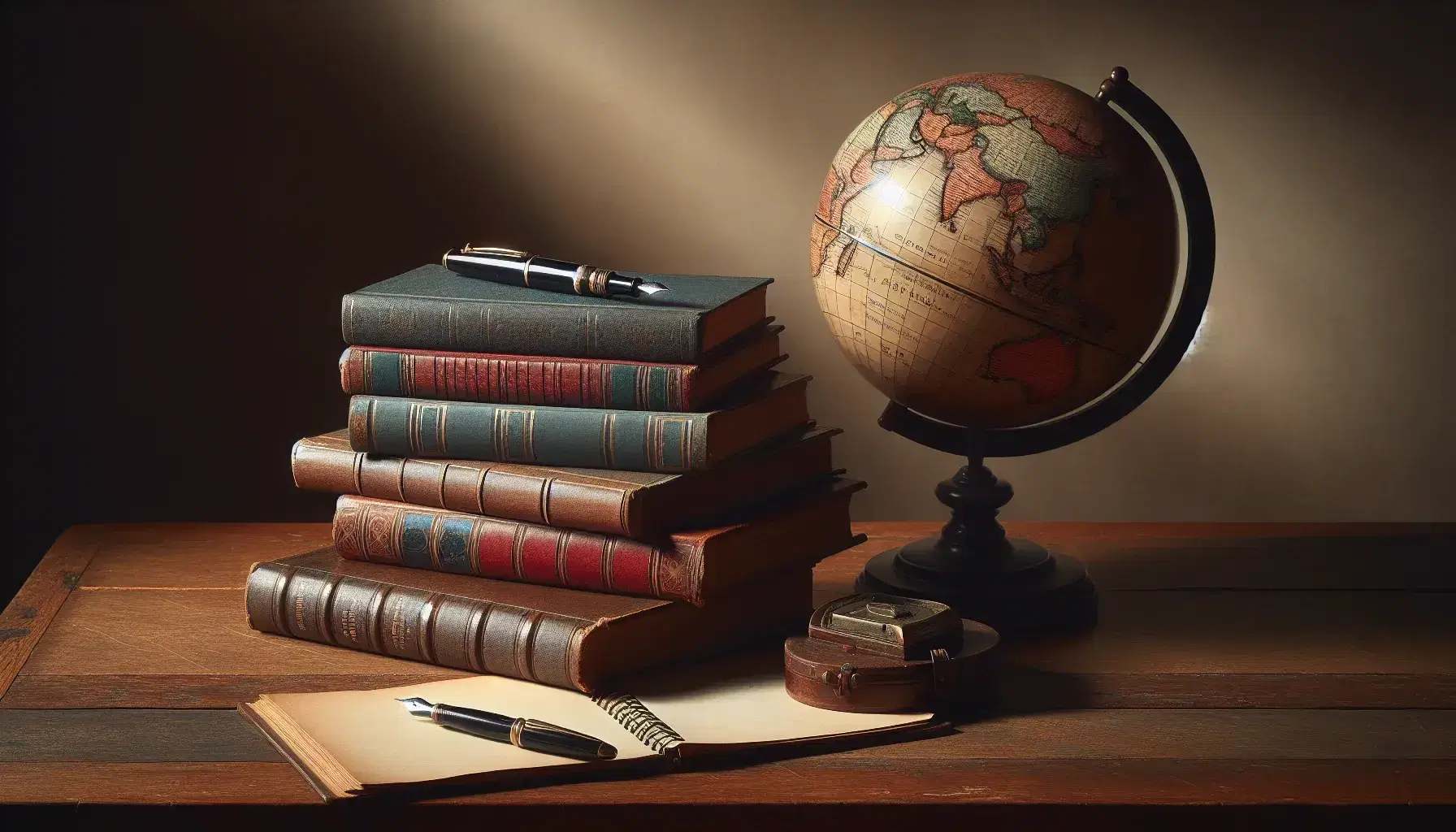 Pila de libros coloridos apilados sobre mesa de madera con pluma fuente antigua y globo terráqueo en tonos marrones iluminados por luz natural.