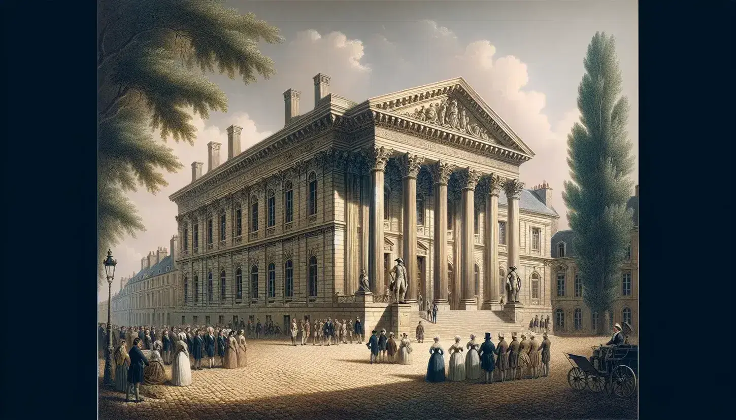 Neoclassical building with columns and pediment, cobblestone square with figures in 18th century clothes, leafy tree and clear sky.
