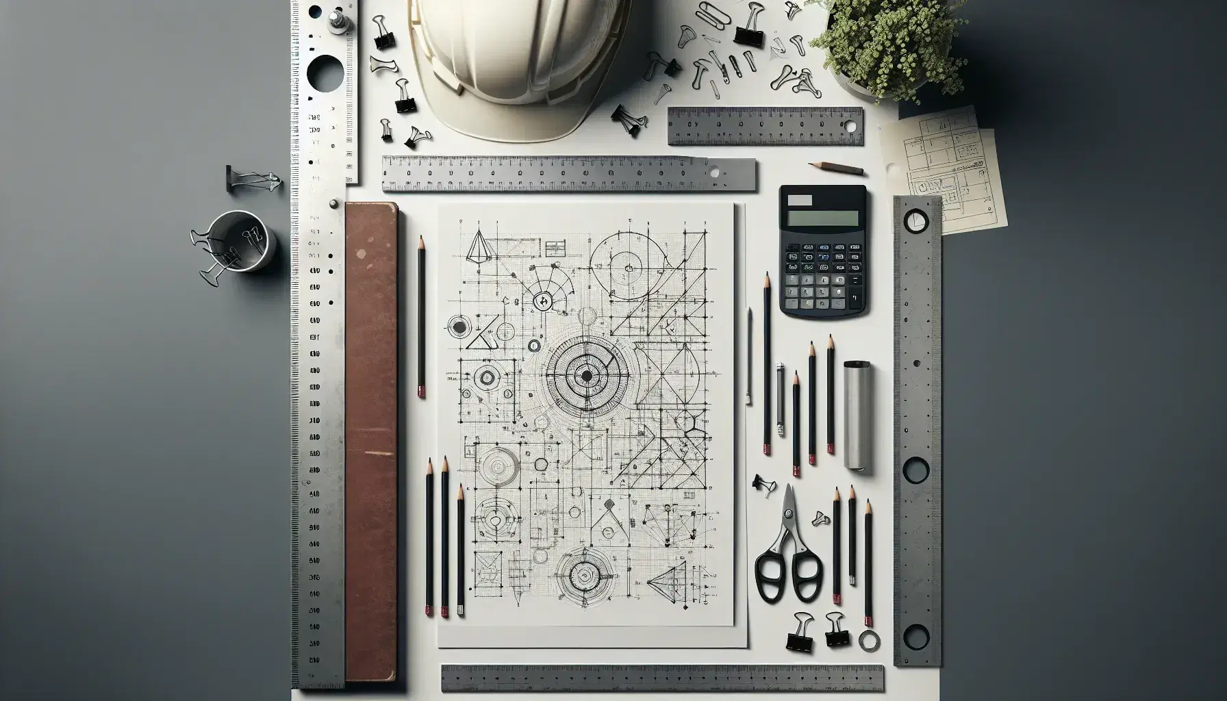 Vista superior de un escritorio de trabajo con casco de seguridad, regla metálica, calculadora científica, lápices y boceto de proyecto geométrico, junto a una planta en maceta sobre mesa de madera.