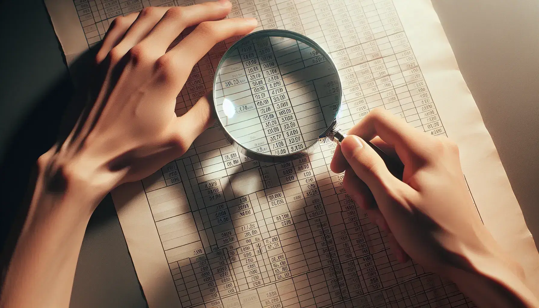 A person's hands examining a printed spreadsheet with a magnifying glass, details magnified but unreadable.