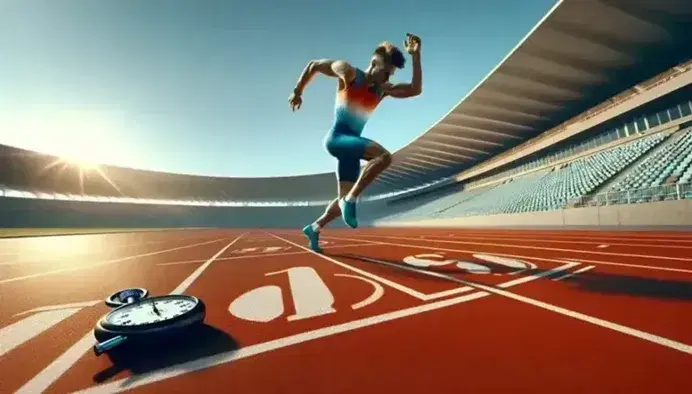 Atleta en plena carrera sobre pista de atletismo naranja-roja con gradas vacías al fondo y cronómetro borroso en un día soleado.