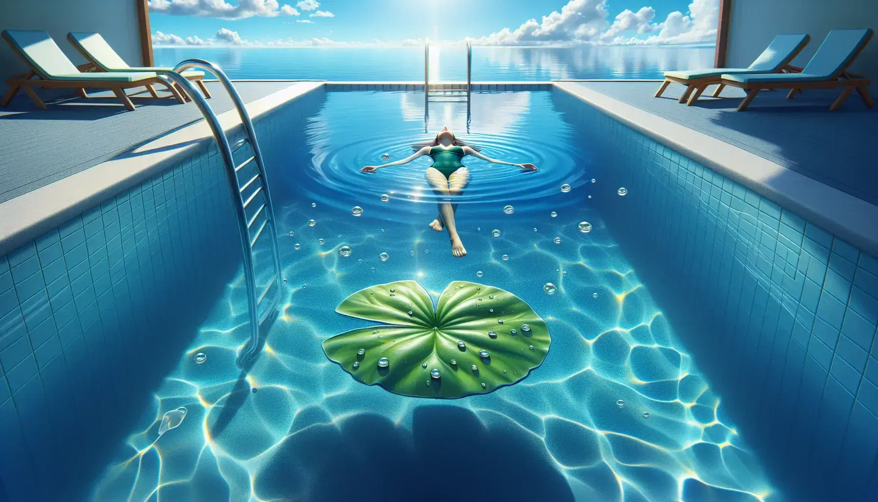 Persona flotando relajadamente en piscina de agua cristalina con cielo azul reflejado, hoja de lirio en primer plano y escalera metálica al borde.