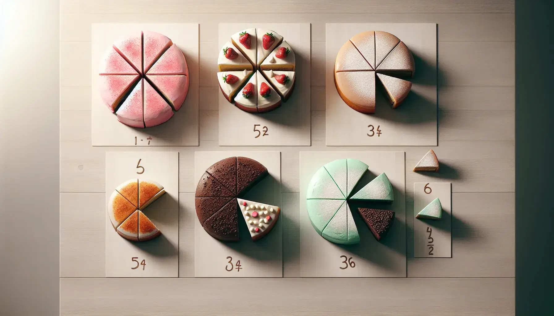 Torte colorate in frazioni su tavolo chiaro: una rosa con fragole divisa in 8, una al cioccolato in 6, una verde menta in 4.
