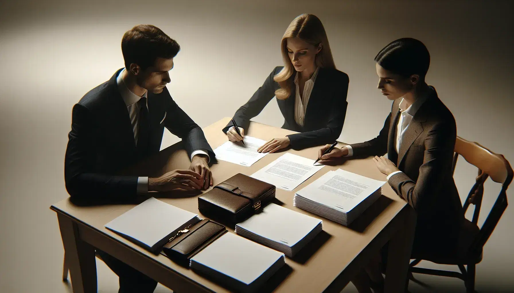 Tres profesionales analizan documentos en una mesa de madera clara, con papeles alineados y maletín marrón oscuro al lado.