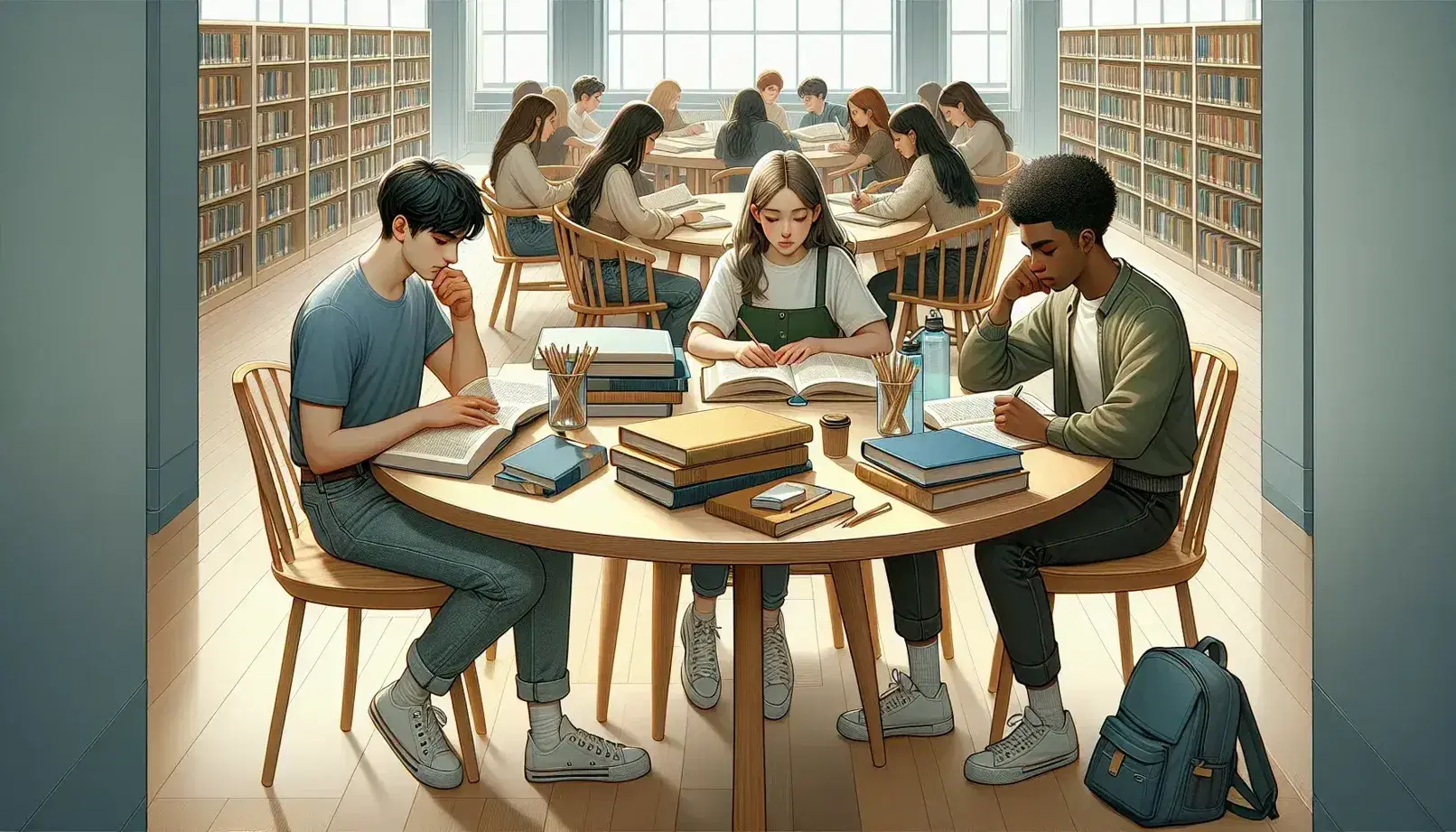 Estudiantes diversos estudiando en biblioteca, con libros y cuaderno sobre mesa redonda, en ambiente iluminado y tranquilo.
