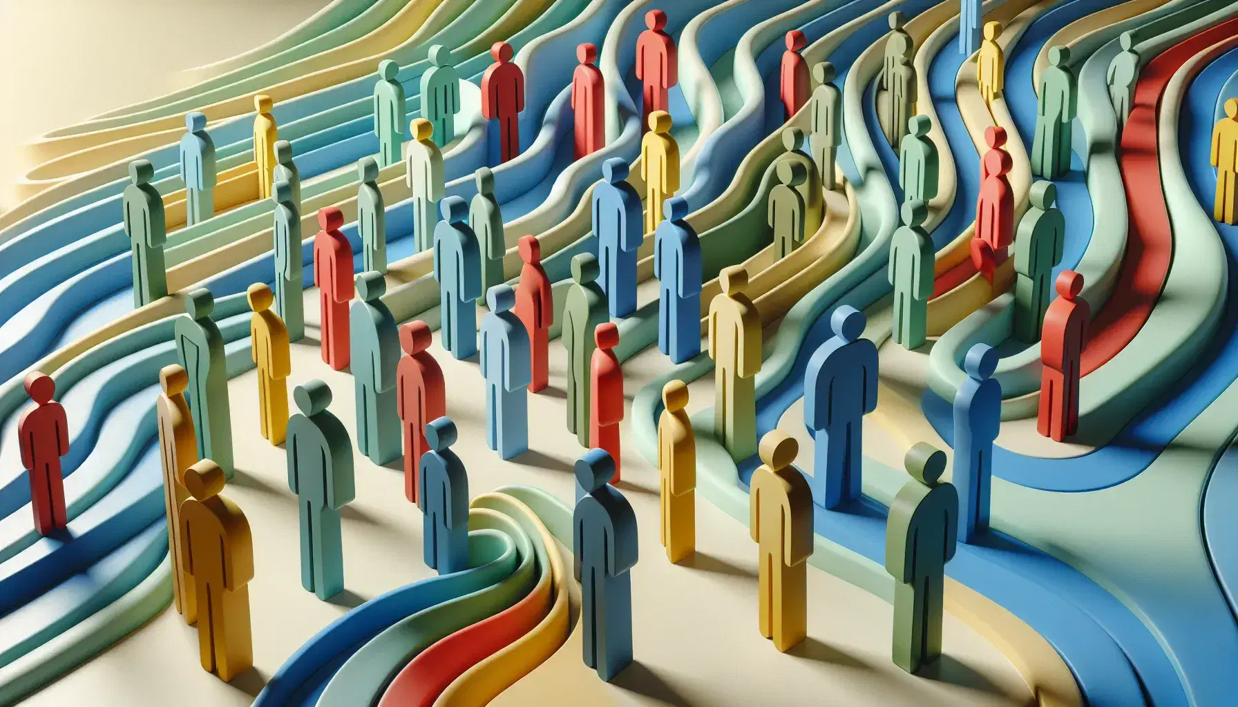 Figuras humanas abstractas y coloridas representando diversidad en fondo ondulado azul y verde, sin detalles faciales ni de vestimenta, promoviendo anonimato y unidad.