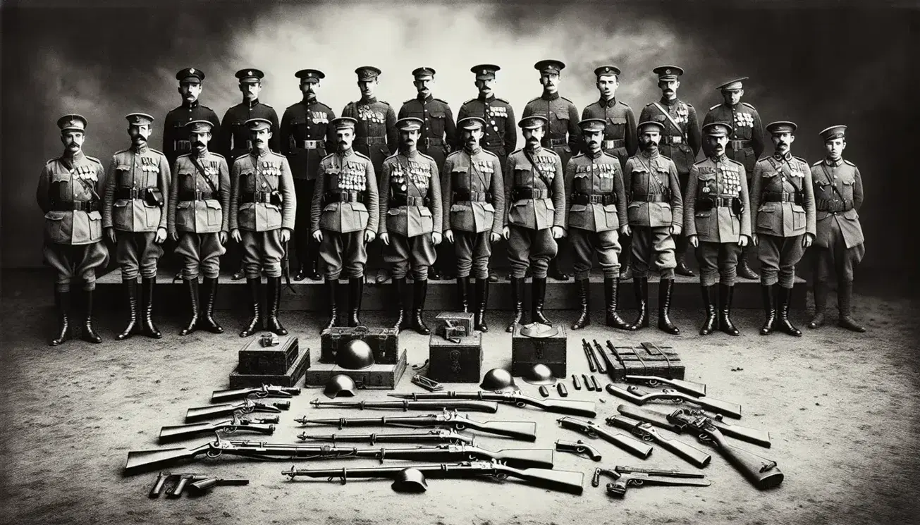 Soldati in uniformi vintage di tre grandi potenze prebelliche posano con armi e medaglie in una foto in bianco e nero.