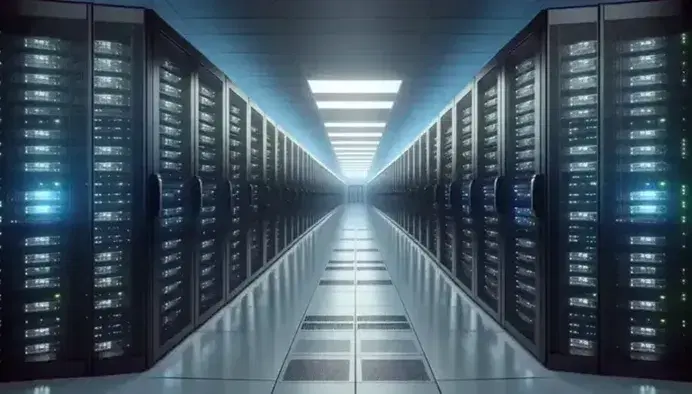 Modern data center with rows of black servers illuminated by colored LEDs, symmetrical corridors and soft blue light reflecting on the glossy white floor.