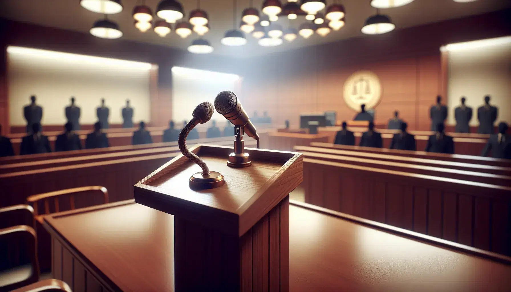 Court with empty witness stand and microphone, blurred background with judge's bench, gallery and silhouette of lawyer next to it.