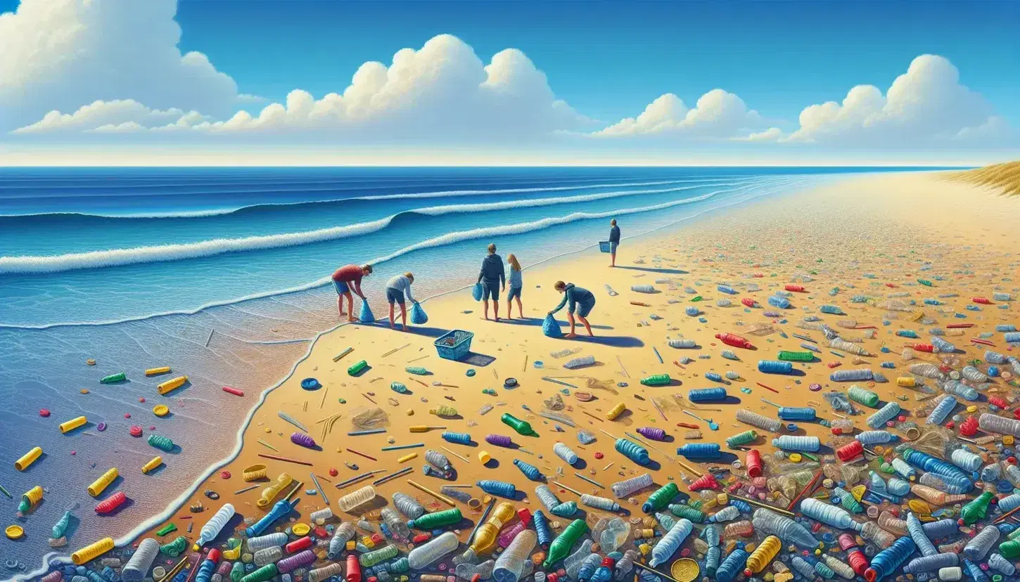 Spiaggia con inquinamento da plastica e volontari che ripuliscono, mare calmo e vela all'orizzonte.