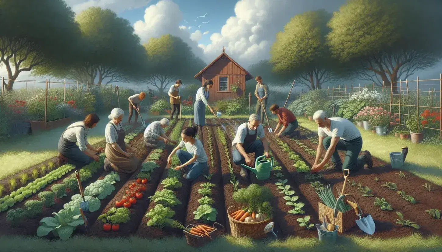 Grupo de seis adultos trabajando en huerto comunitario al aire libre, plantando y regando vegetales en un día parcialmente nublado, con herramientas de jardinería y cestas de cosecha visibles.