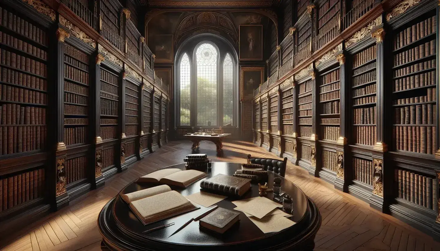 Biblioteca antica con scaffali in legno scuro e libri rilegati in pelle, tavolo ovale con libri aperti, piuma e inchiostro, grande finestra e quadro.