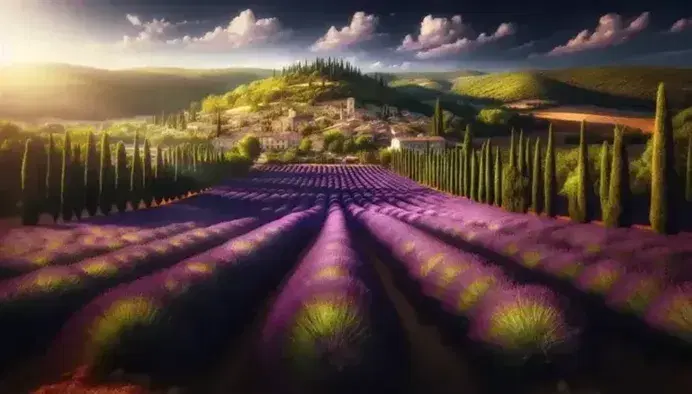 Campo di lavanda viola con alberi di cipresso e villaggio rurale francese su collina sotto cielo azzurro con persone che passeggiano.