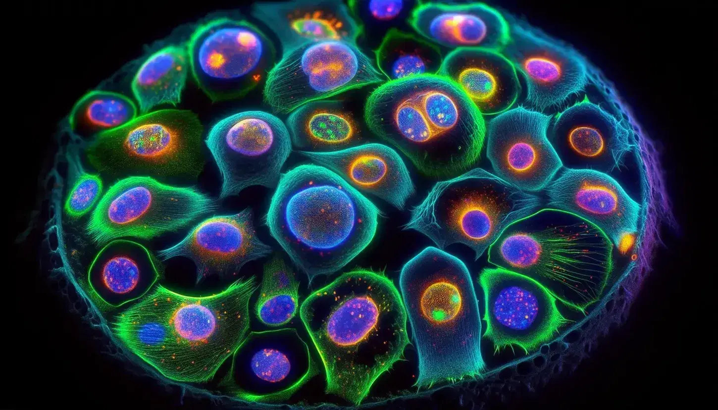 Fluorescent microscope slide shows dividing human cells with staining for cell structures in green, blue, pink and orange.