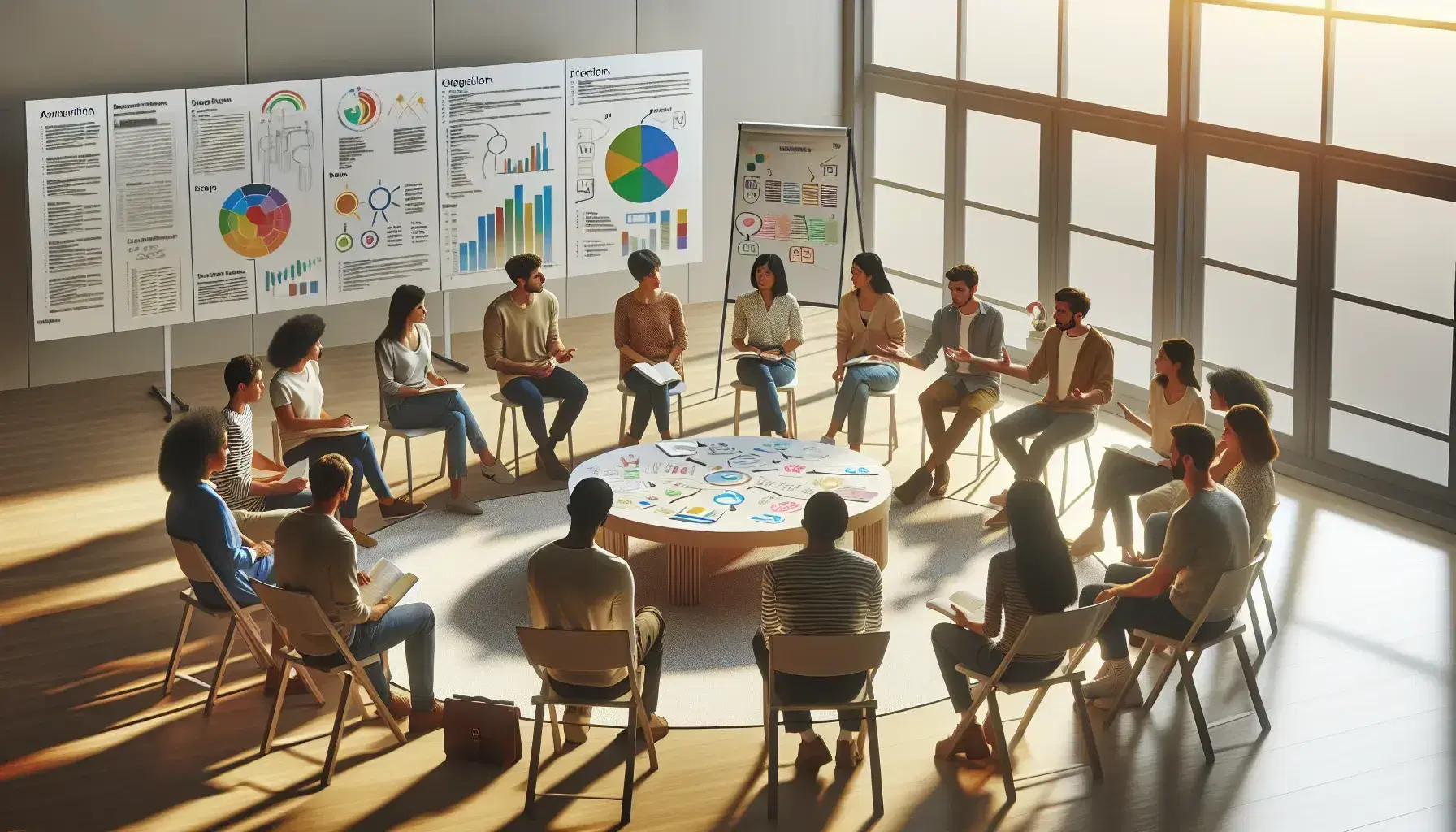 Grupo diverso de personas en reunión de trabajo sentadas en círculo alrededor de una mesa con documentos, en una sala iluminada naturalmente.