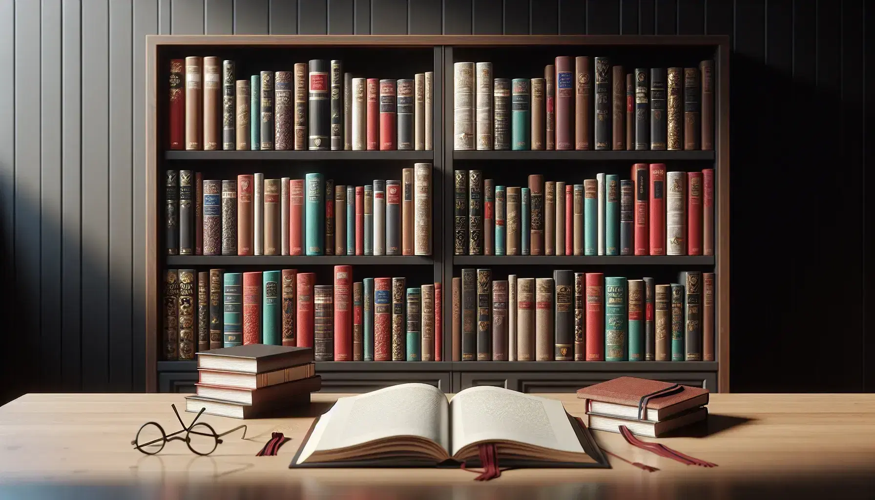 Estantería de madera oscura repleta de libros de colores variados con mesa y libro abierto sin texto, gafas y marcador rojo bajo luz natural.