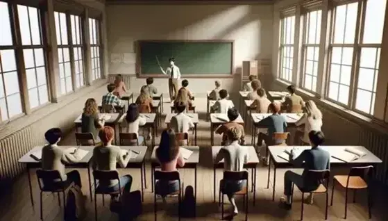 Diverse students with notebooks ready in a sunlit classroom, facing a gesturing teacher by a blank chalkboard, embodying a multicultural learning environment.