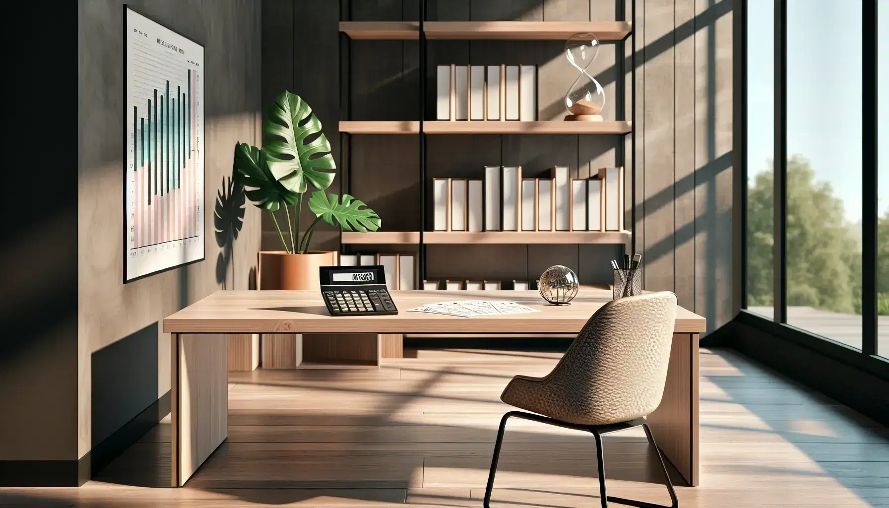 Oficina moderna y luminosa con escritorio de madera, silla ergonómica, planta interior y estantería con libros y objetos decorativos.