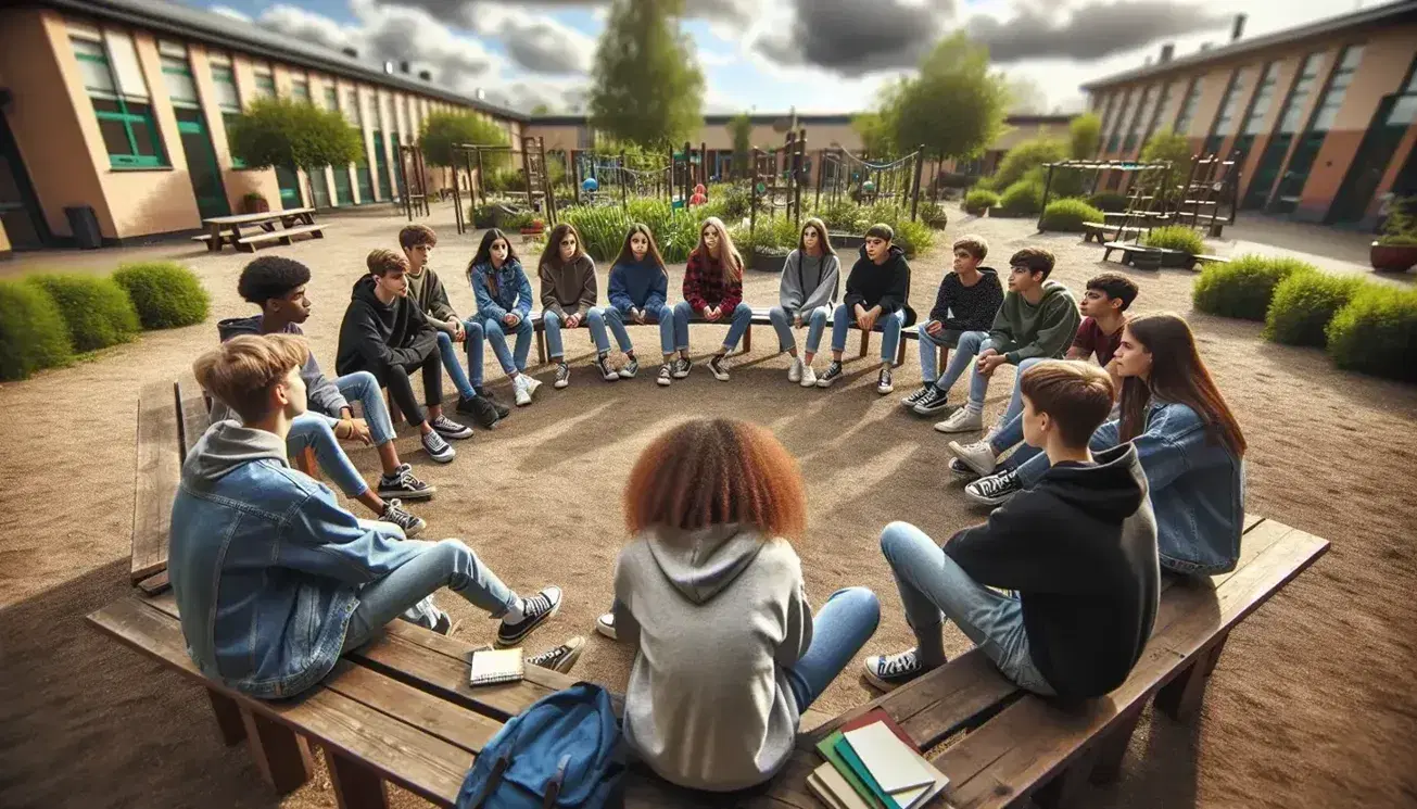 Gruppo eterogeneo di adolescenti seduti in cerchio su panchine in cortile scolastico esterno, dialogando in un'atmosfera serena.