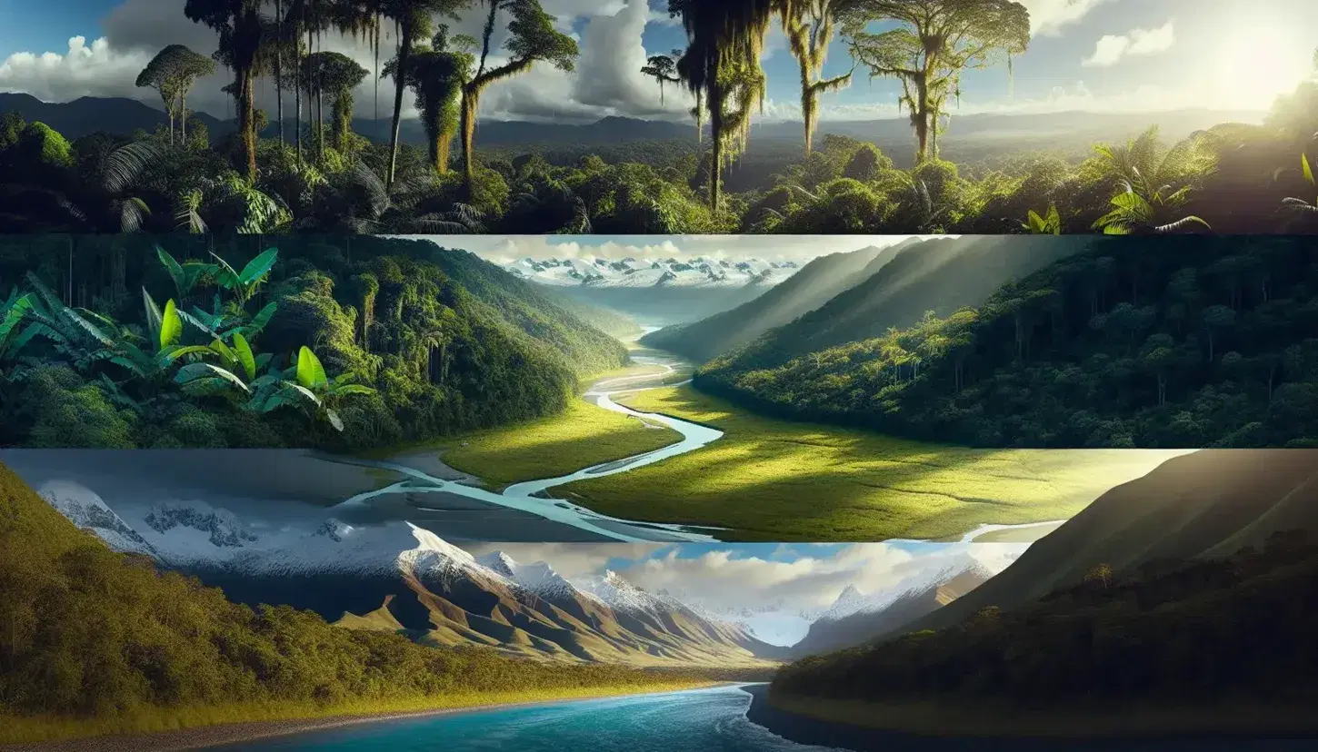Vista panorámica de tres zonas climáticas con selva tropical en primer plano, zona templada con campos y colinas en medio y montañas nevadas al fondo.
