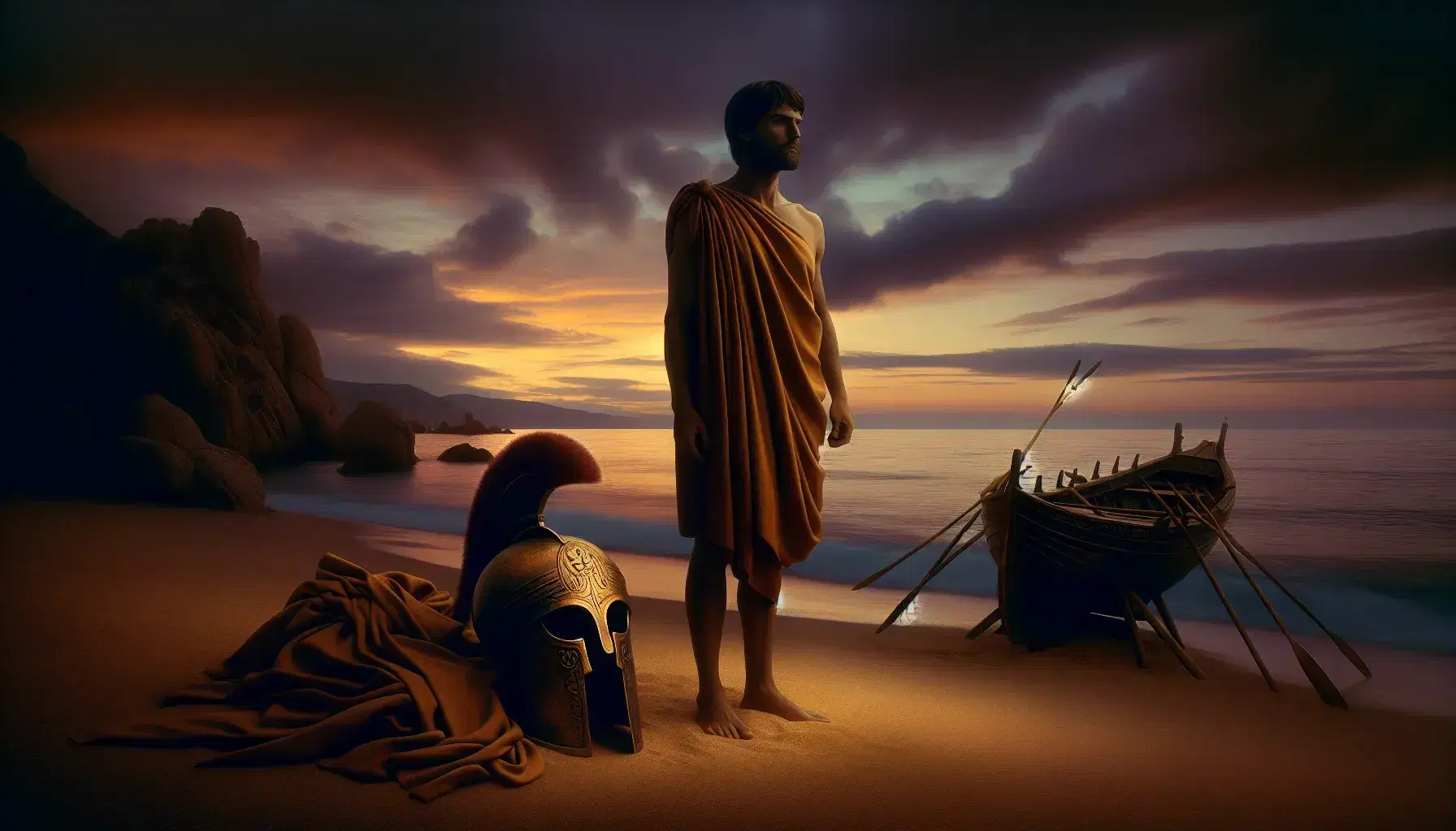 Tramonto in spiaggia con Ulisse in abito antico che osserva il mare, barca di legno a destra e elmo bronzeo in primo piano.