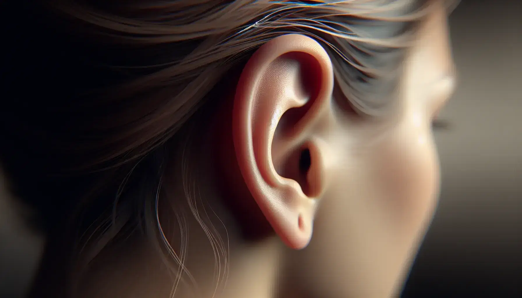 Close-up view of a human ear showcasing the pinna with distinct helix, antihelix, tragus, and lobule against a blurred neutral background.