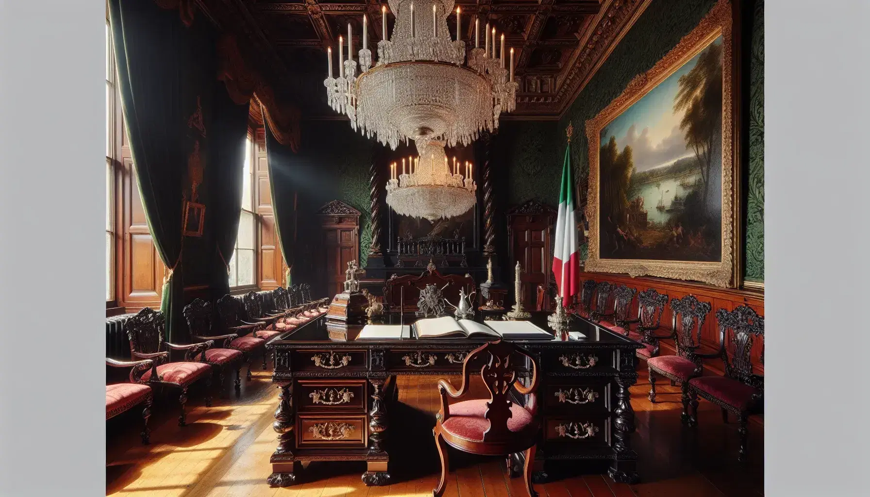 Sala storica con scrivania in legno scuro, sedie in velluto rosso, bandiera italiana e dipinto paesaggistico su parete in damasco verde.