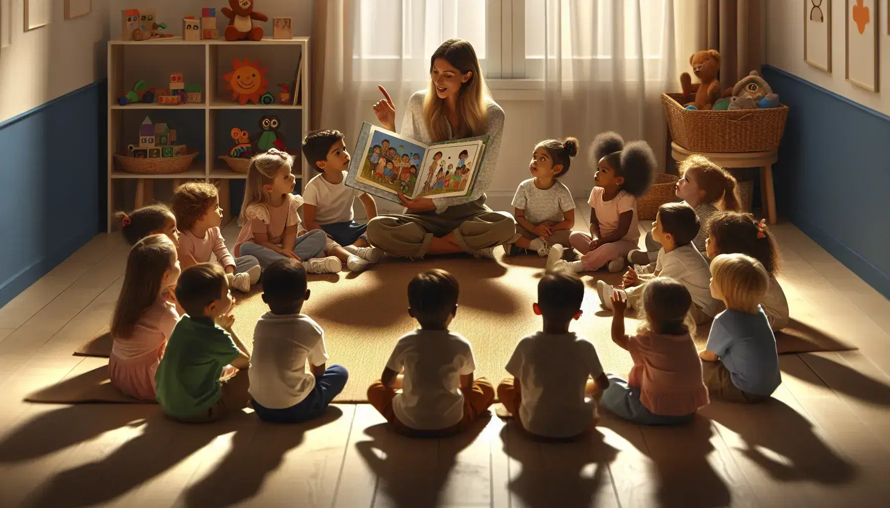 Niños de diversas etnias atentos a una maestra leyendo un libro ilustrado en una sala iluminada naturalmente con juguetes educativos alrededor.