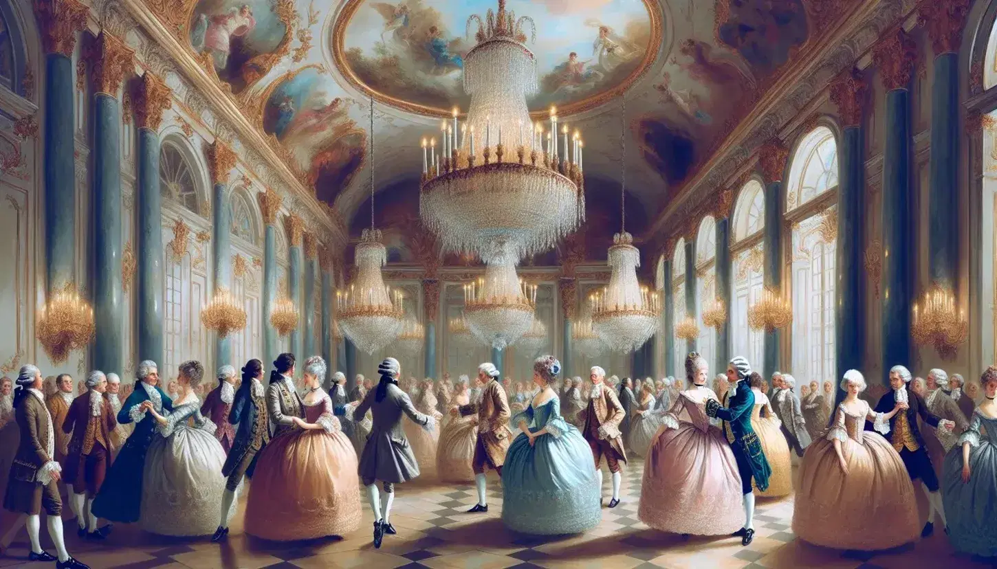 Scena di ballo ottocentesco in un sontuoso salone francese con nobili in abiti d'epoca e musicisti, sotto luce di candelabri cristallo.