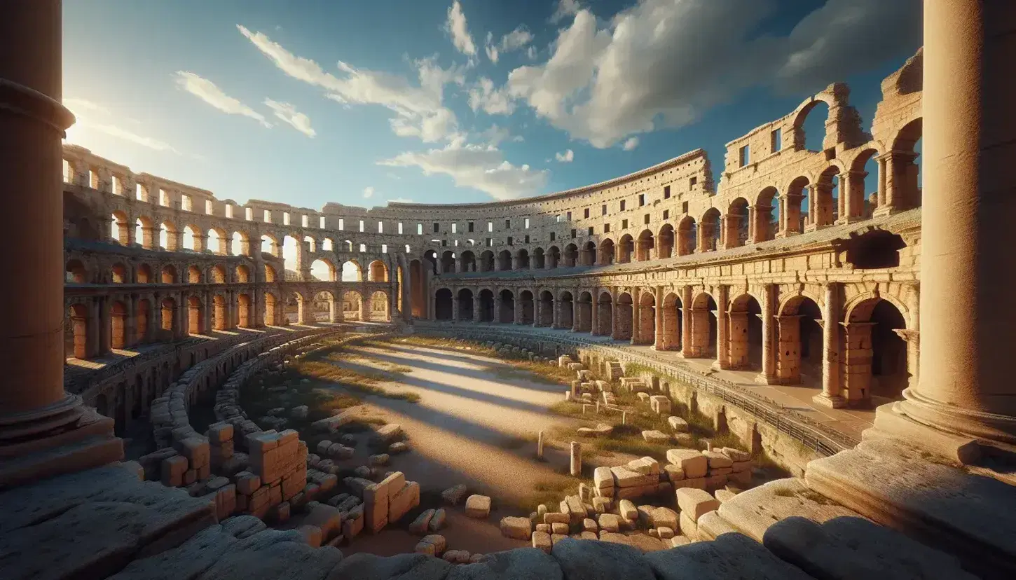 Ruinas del antiguo Coliseo Romano con arcos y columnas en piedra beige bajo cielo azul, arena y hierba en la arena, sin personas.