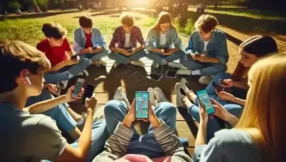 Grupo de adolescentes sentados en círculo en un parque, concentrados en sus móviles y tabletas, con árboles y flores al fondo en un día soleado.