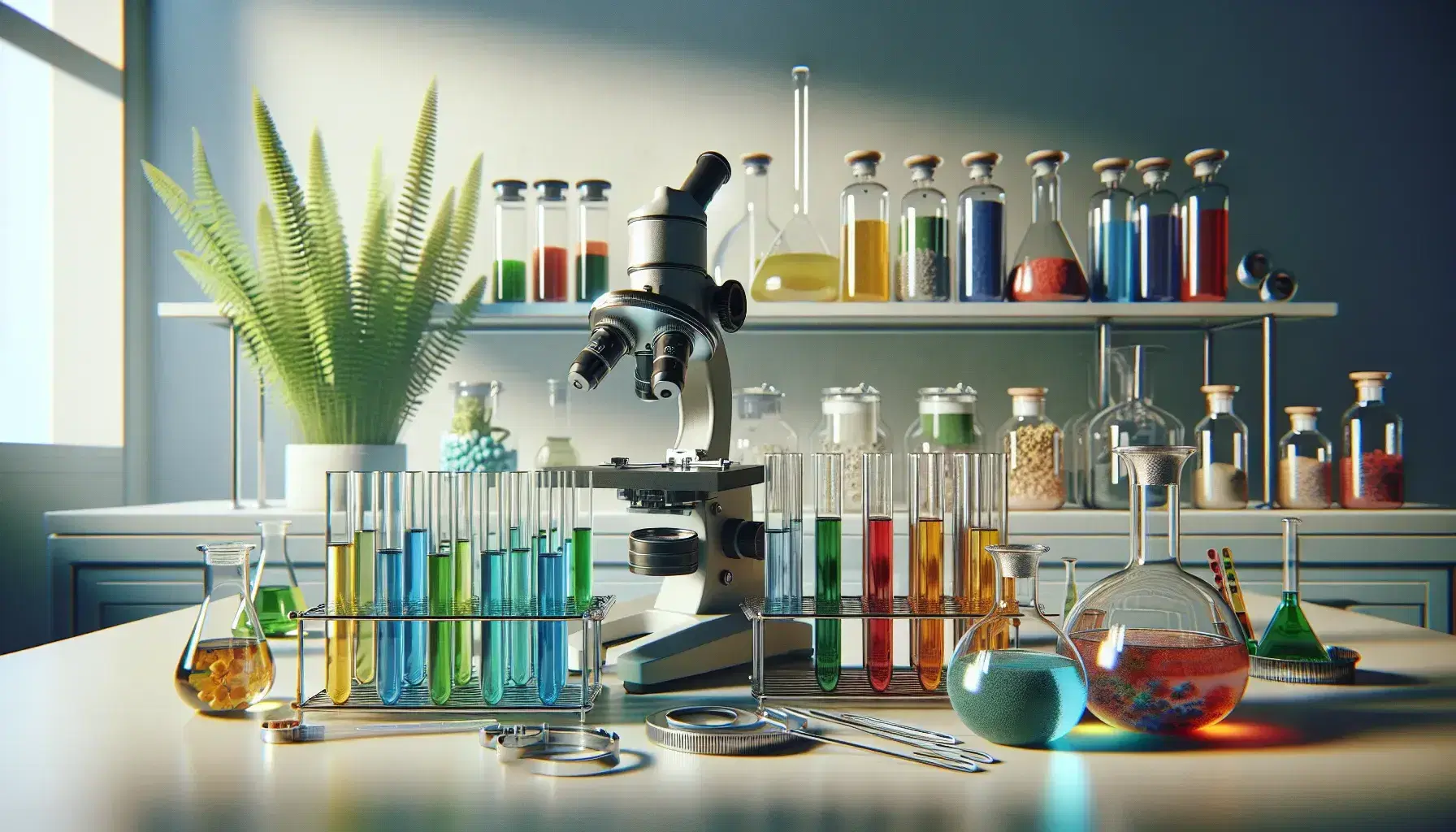 Laboratorio de biología con tubos de ensayo de colores en soporte metálico, microscopio óptico y estantería con frascos de sustancias variadas, junto a planta verde.
