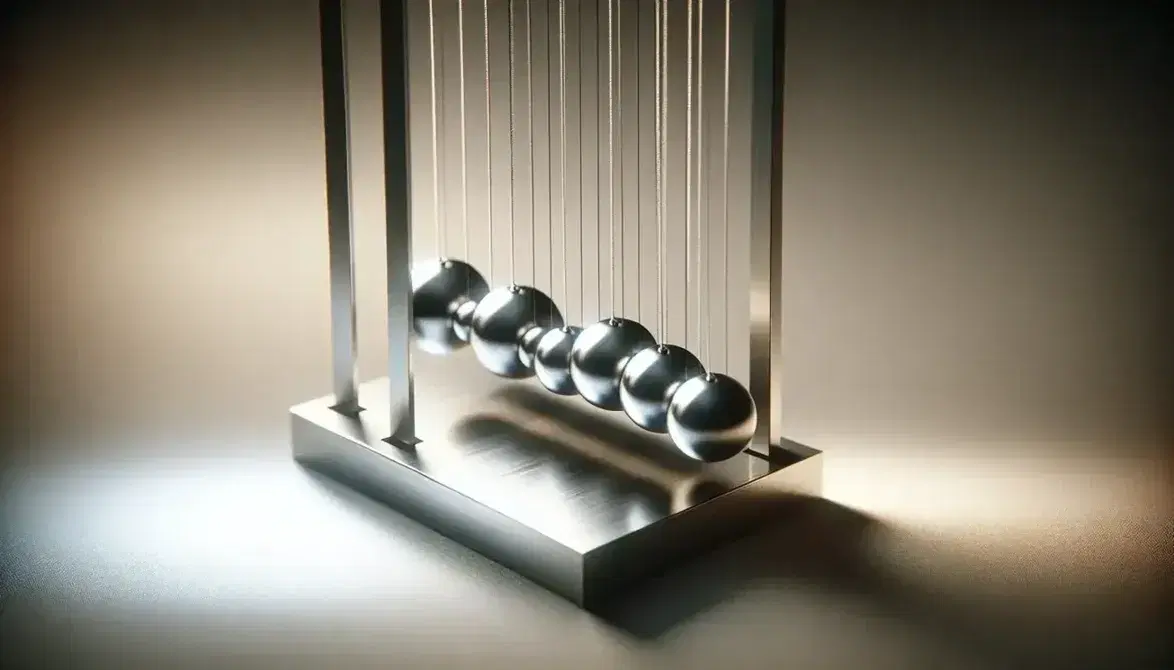 Péndulo de Newton con cinco esferas metálicas colgando de hilos, la esfera izquierda elevada lista para ser soltada, en un fondo desenfocado neutro.