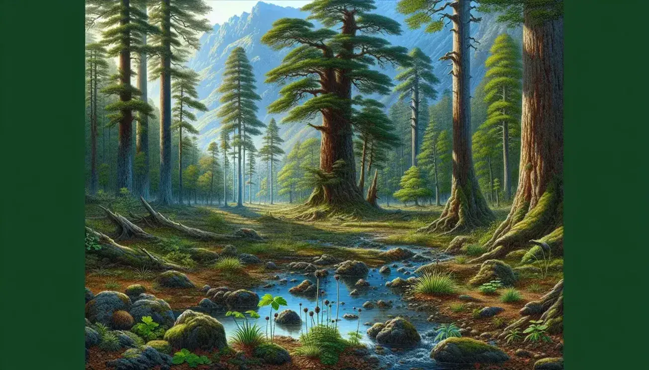 Bosque denso con suelo de hojas caídas, arroyo cristalino y montañas al fondo bajo un cielo azul con nubes dispersas.