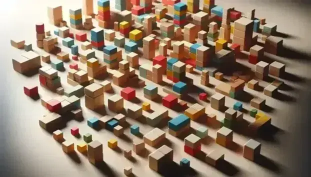 Bloques de construcción de madera en colores rojo, azul, amarillo y verde, apilados y dispersos sobre superficie lisa.