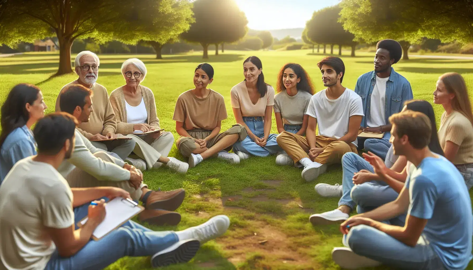 Diverse group engaged in outdoor activity, with elderly to young participants taking notes and conversing in a park under a clear sky.