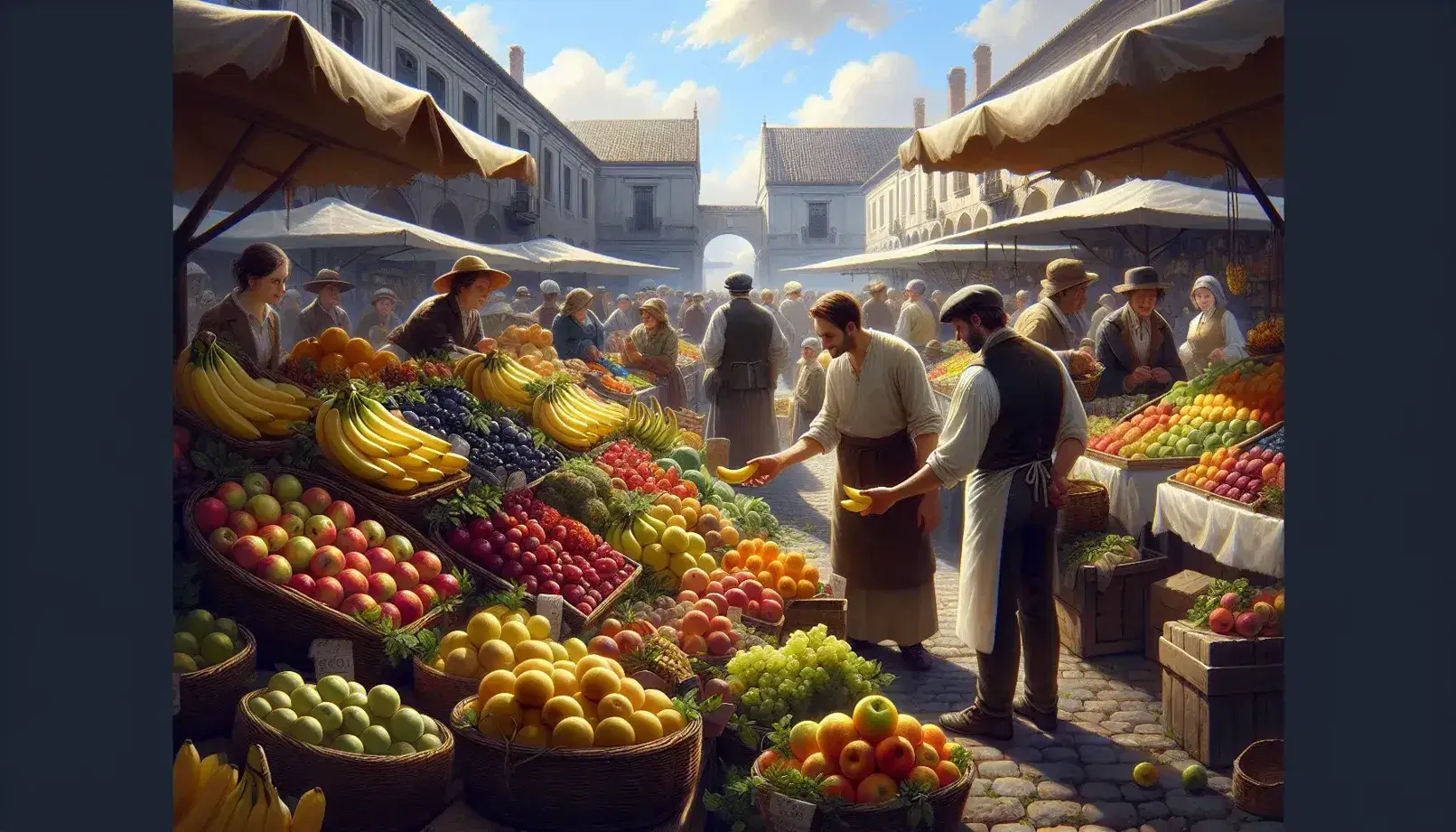 Bustling outdoor market scene with a vendor handing fruit to a customer, colorful produce on display in wicker baskets under a clear blue sky.