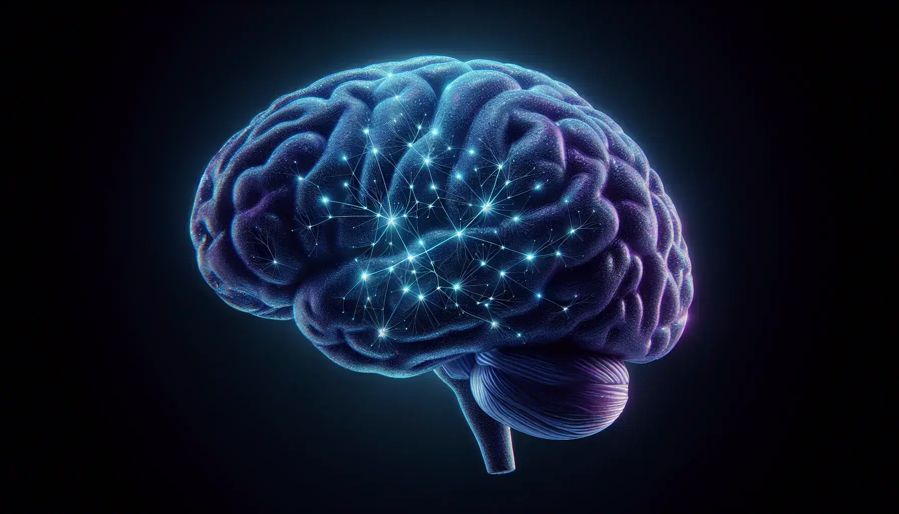 Cerebro humano en tonos azules y morados con red neuronal iluminada de puntos y líneas blancas sobre fondo negro, destacando su complejidad y textura.