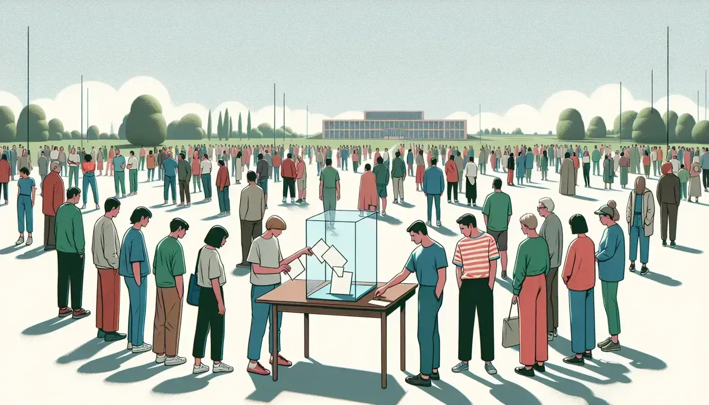 Grupo diverso de personas votando en urna transparente en parque soleado, ejerciendo su derecho cívico en un día despejado.