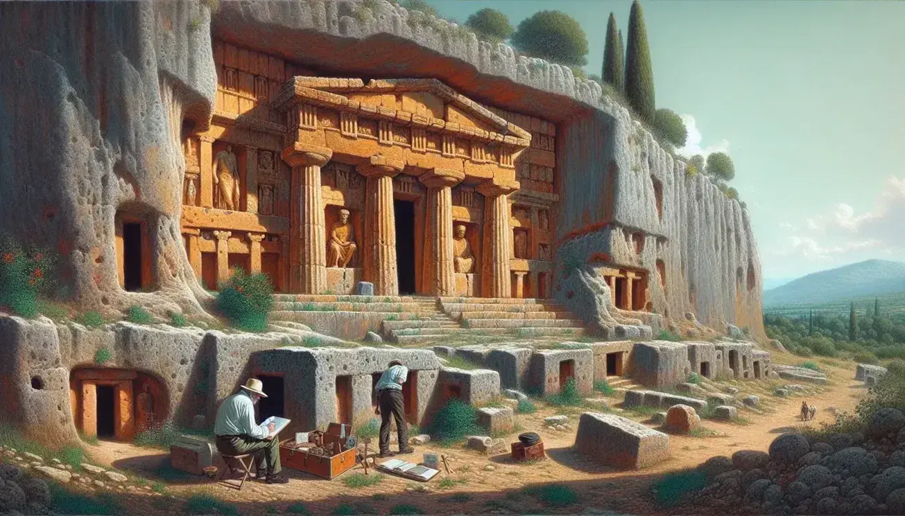 Scena archeologica con tombe etrusche scavate nella roccia, facciata scolpita simile a casa, eroso dal tempo, archeologo annota vicino a strumenti di scavo.